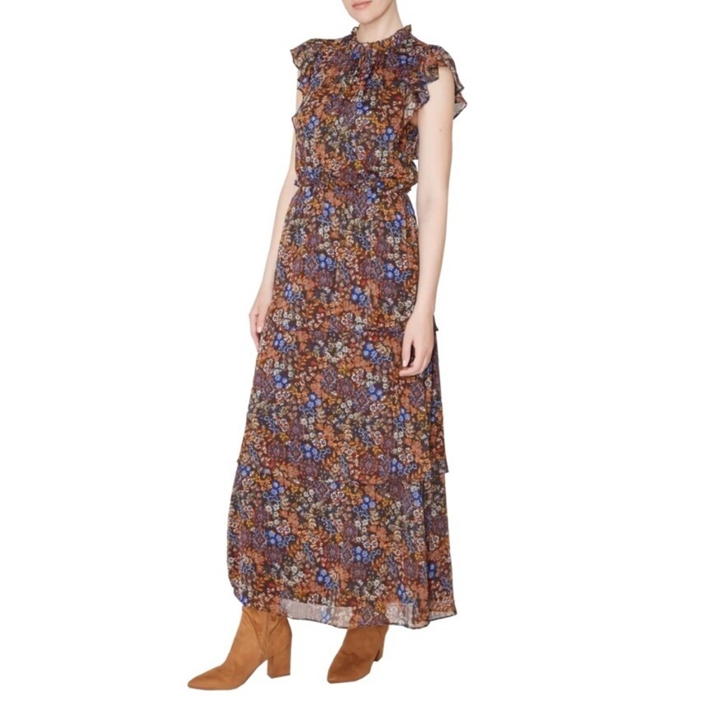 Julia Jordan Floral Mock Neck Tiered Maxi Dress Flutter Cap Sleeve Brown 12